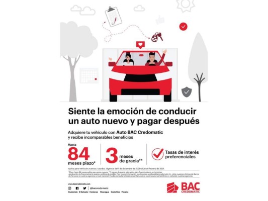 Siente la emoción de conducir un auto nuevo y pagar después con Auto BAC Credomatic