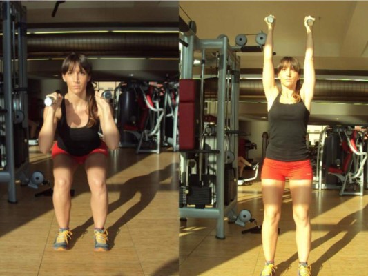 Además de endurecer, este ejercicio esculpe tu cuerpo y quema grasa. Flexiona los codos, haz una sentadilla y mientras subes, extiende los talones. Baja los brazos y vuelve a la posición inicial. Realiza el mayor número de repeticiones posible en 30 segundos y descansa 15. Repítelo de 3 a 6 veces, según tu nivel de forma física.
