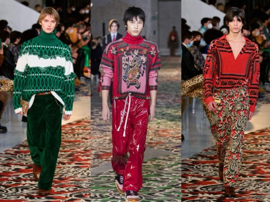 Jacquard vistoso<br/>Algo que no puede faltar en ese frío de otoño son los jerséis y cadigans. Acabamos de mencionar la especialidad de Etro, que siempre le atina con sus looks monocromáticos y esa silueta relajada con su infaltable estampado Jacquard. La novedad este año fue el uso del charol en sus presentaciones. <br/>