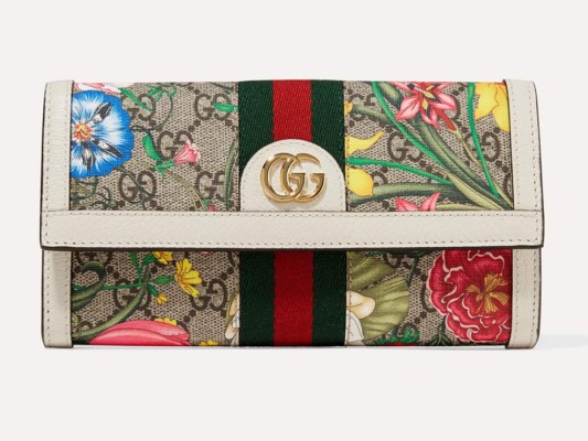Cartera continental de lona revestida estampada y tapizado de cuero