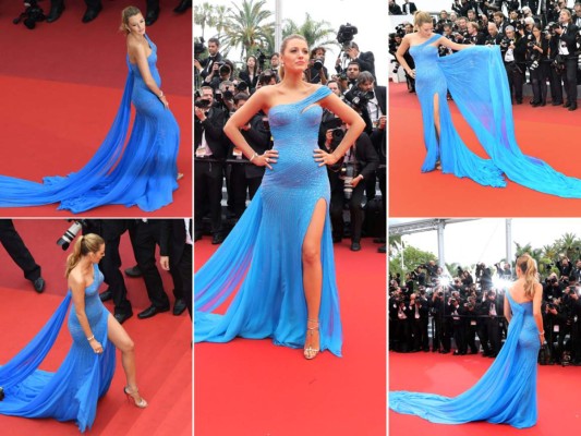 Blake Lively en un vestido de corte escote asimétrico de Atelier Versace y zapatos de Christian Louboutin