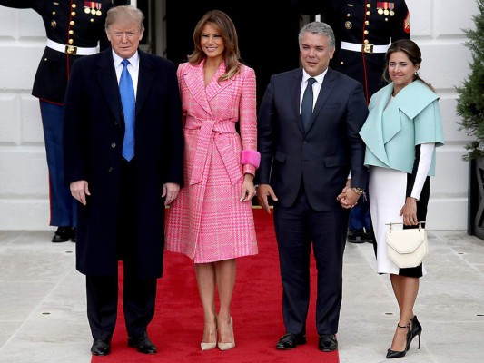 Mrs Trump en febrero de 2019 con un coatdress estilo 60's durante la visita a la Casa Blanca del presidente de Colombia Iván Duque y su esposa Mariana