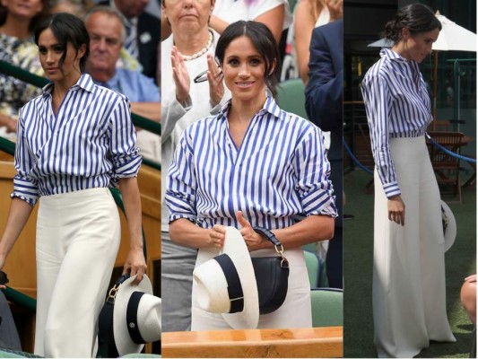 En la primera aparición en solitario con Kate Middleton, Meghan Markle eligió un outfit formado por camisa de rayas arremangada de Polo Ralph Lauren y un palazzo blanco, de Ralph Lauren. También llevo un bonito sombrero blanco con detalle de lazo negro, finalizando con un bolso de asa corta negro.