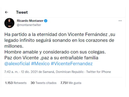 Celebridades reaccionan al fallecimiento de Vicente Fernández