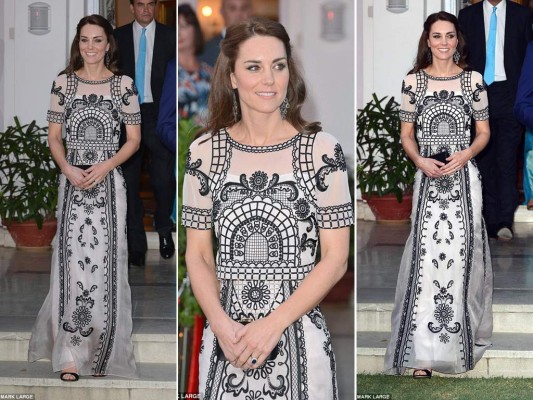 Kate vistió un top y una maxi falda de Temperley London elaborado en seda y organza. El contraste entre el bordado negro y los adornos y cristal brillante impresionó a los asistentes a la lujosa fiesta en el jardín que celebraba el 90 cumpleaños de la reina Isabel en Nueva Delhi.