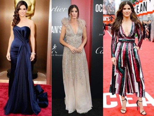 La musa de grandes diseñadores. Izq en un impetuoso vestido azul de Alexander McQueen para los Oscars 2014 o sus más recientes elecciones para la premiere de Ocean´s 8 en vestido de Elie Saab Haute Couture Spring 2018 y el jumpsuit de Zuhair Murad para la premiere de su más reciente papel en el Reino Unido. Bullock es camaleónica en las red carpet y dificilmente será predecible