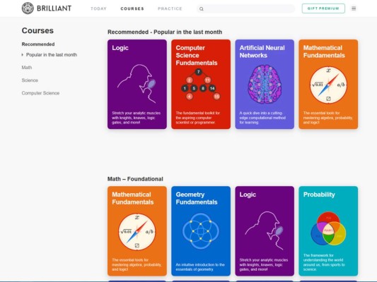 Brilliant: tiene un enfoque práctico e interactivo y va orientado a las matemáticas, ciencias e informática. utiliza la intuición y el pensamiento lógico como norte.<br/>