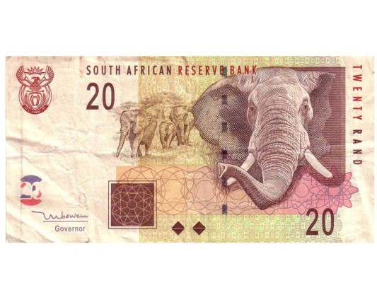 Un billete de 20 rand de Sudáfrica. Cada uno en esta serie de billetes de banco cuenta con un animal diferente de los 'cinco grandes'.