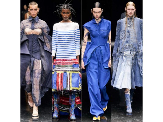 Jean-Paul Gaultier<br/>Los toques de alta costura de esta colección incluyeron el lujo oculto de docenas de pequeños volantes que subían por el interior de una falda y las rayas del icónico suéter de matelot azul y blanco de Gaultier trabajadas con inserciones de organza satinada, o parecían evaporarse en mechones de gasa. El diseñador creativo, Chitose Abe de Sacai, también buscó inspiración en las siluetas de los años de gloria de la alta costura de París, que fueron un punto de referencia para Gaultier a lo largo de su carrera.<br/>