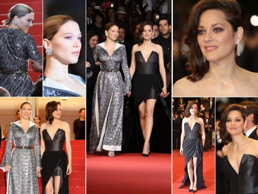 Lean Seydoux en un vestido de pailettes de Dior; mientras que Marion Cotillard combina un minivestido de raso bajo una falda asimétrica de la firma Dior.