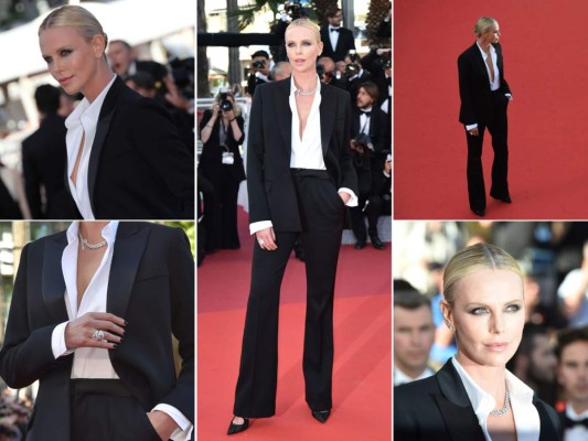 Charlize Theron en un tuxedo Dior