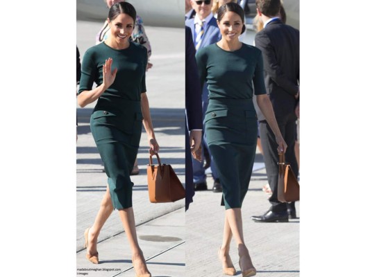 Durante su primer recorrido oficial en Dublín, la estadounidense salió del avión con un conjunto de falda y suéter verde bosque, de una de sus firmas favoritas Givenchy. Complemento su look con un bolso midi Strathberry, tacones Paul Andrew nude y pendientes Vanessa Tugendhaft.