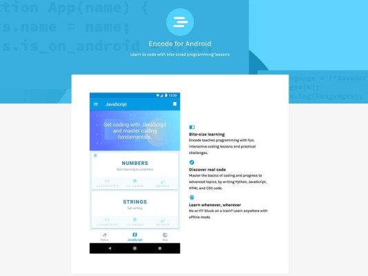 Encode: La aplicación ofrece cursos de programación enfocados en los lenguajes: JavaScript y Phyton en diferentes niveles.<br/>