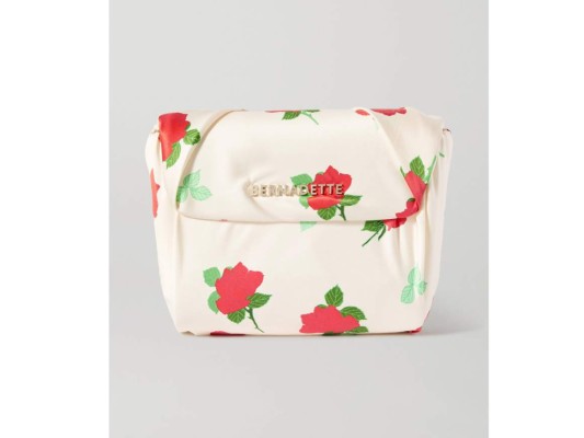 <br/>Clutch de satén con estampado floral anudado