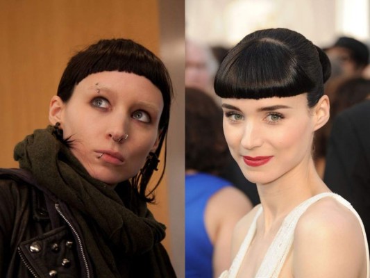 Después de aparecer en 'red social', Rooney Mara emergió como la hacker Lisbeth Salander en 'La chica del dragón tatuado'. Con su cara cubierta de perforaciones y un aspecto muy gótico, Mara alteró completamente su apariencia.