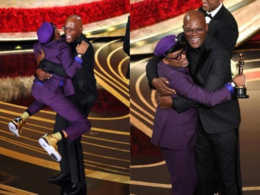 Spike Lee gana su primer #Oscar competitivo en la categoría de Mejor Guion Adaptado por su película “BlacKkKlansman” y lo celebra de manera divertida junto a Samuel L. Jackson.