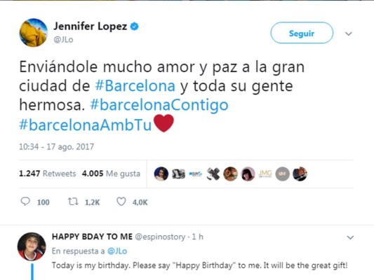 La diva del Bronx Jennifer López, se mostró consternada por los hechos y envío todo su apoyo.
