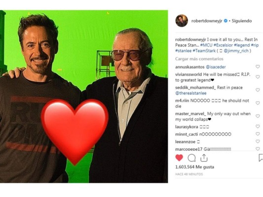 Robert Downey Jr. fue uno de los primeros y agradeció a Stan: 'Te lo debo todo a ti... Descansa en paz Stan', fueron sus palabras acompañadas del hashtag #Excelsior