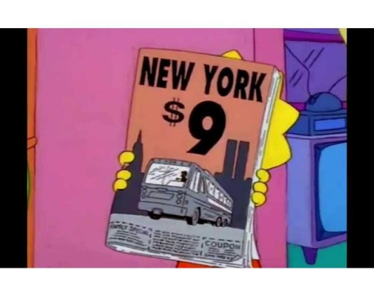 1997. Temporada 9, episodio 1: La Ciudad de Nueva York contra Homero.<br/>Un cupón de 9 dólares tiene de fondo a las Torres Gemelas, haciendo que parezca que dice 'New York 9$ 11', haciendo creer a mucho que los escritores sabían sobre el ataque al World Trade Center.