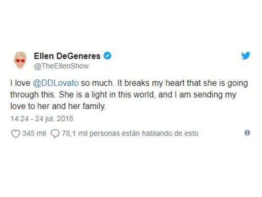 'Amo tanto a Demi Lovato. Me rompe el corazón que esté pasando por esto. Es una luz en el mundo, y estoy mandando todo mi amor para ella y su familia'.