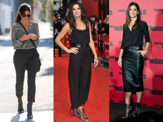 She loves black. No cabe la menor duda elegante hasta la médula, aún para esas salidas por la noche y no importa que sea una celebridad. Bullock ama las combinaciones en negro desde un jumpsuit, una falda de cuero o pantalones cortos ella definitivamente nos muestra la actitud de una chica rebelde con estilo. El negro siempre se verá bien en cualquier atuendo