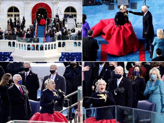 Sin renunciar a su estilo excéntrico, Lady Gaga llegó al Capitolio envuelta en un espectacular traje de top azul marino con una imponente falda de dos metros de largo, emulando la bandera nacional de Estados Unidos. Su imponente interpretación del himno nacional sencillamente se robó el show.