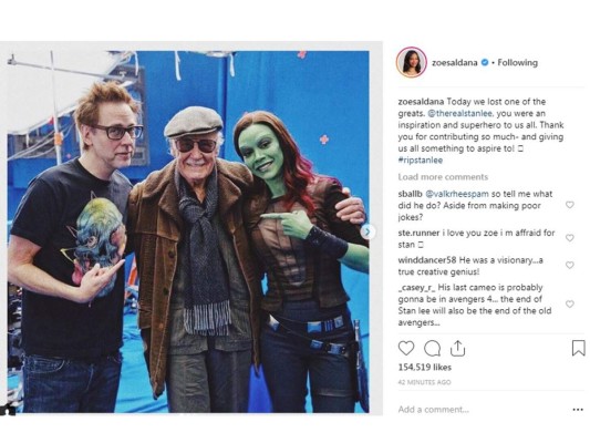 Zoe Saldana, de Guardianes de la Galaxia, también comentó en Instagram: 'Hoy perdimos a uno de los grandes. @therealstanlee, fuiste una inspiración y un superhéroe para todos nosotros. ¡Gracias por contribuir tanto y por darnos a todos algo a lo que aspirar!'