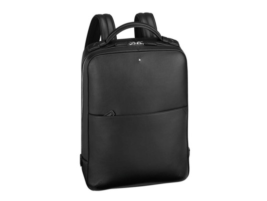 Mochila Montblanc de cuero con asa superior plana.