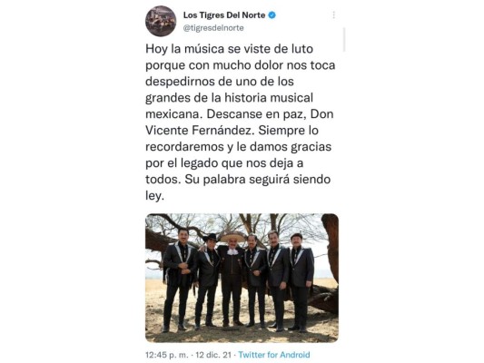 Celebridades reaccionan al fallecimiento de Vicente Fernández