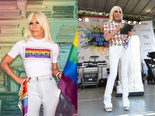 La diseñadora Donatella Versace también fue parte de la celebración y apostó por el blanco para defender los derechos de la comunidad LGBTQ en su caso, pantalones acampanados con la bandera en los laterales y una camiseta estampada de corazones multicolores subrayaban el poderoso discurso con el que reivindicaba el derecho universal a ser y a amar a quien cada uno desee.