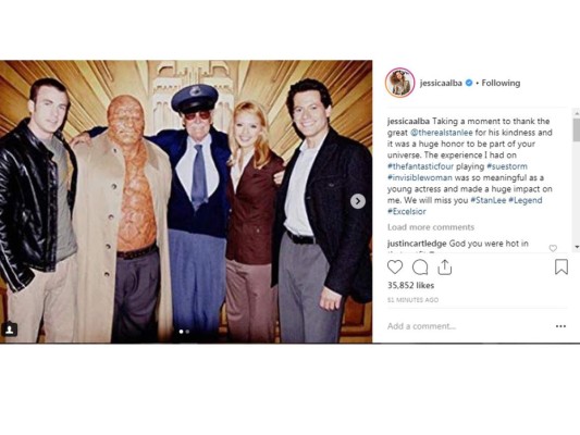 Jessica Alba de Los Cuatro Fantásticos también se despidió: 'Un momento para agradecer al gran @therealstanlee por su amabilidad y fue un gran honor ser parte de tu universo. La experiencia que tuve en #thefantasticfour como #suestorm #invisiblewoman fue tan significativa para una jóven actriz y tuvo un gran impacto en mí. Te extrañaremos'