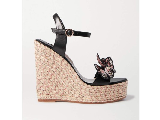 Sandalias con cuña y alpargata de cuero con aplicaciones de mariposas