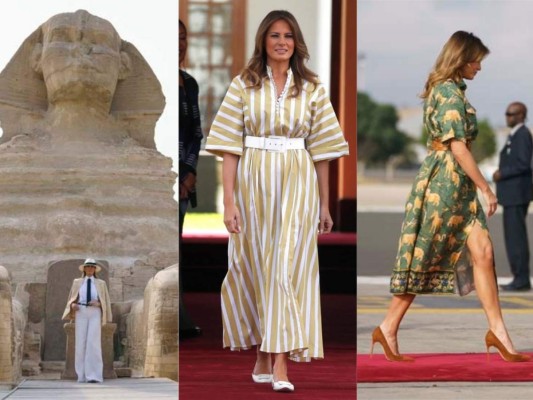 La primera dama de Estados Unidos, Melania Trump, viajó a partir del 1 de octubre a cuatro países africanos, “Ghana, Malawi, Kenia y Egipto”, esta es su primera gira separada de su esposo Donald Trump. Este viaje ha causado bastante revuelo, sobre todo por su estilismo ya que uso un casco británico por el cual fue tachada como racista. En esta galería te dejamos los looks que ha estado utilizando.