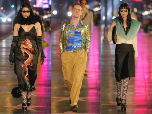 El Paseo de la Fama de Hollywood se vistió de gala en honor a la nueva colección 'Gucci Love Parade' en conmemoración de los 100 años de la reconocida marca Italiana. En el evento se pudieron observar trajes con tejidos satinados, conjuntos con estampados floreados, vestidos con encajes, abrigos de piel, sombreros, faldas con volúmenes, calzados de cuero, entre otros. Aquí te dejamos los mejores looks.