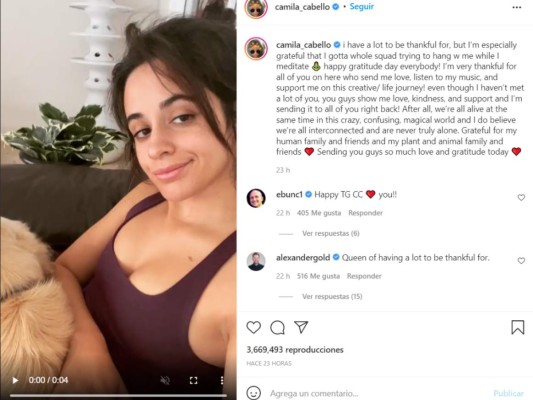 Camila Cabello. “Tengo mucho que agradecer, pero estoy especialmente agradecida por tener a todo mi equipo intentando estar conmigo mientras medito”, compartió la cantante junto con un video en el que aparece acompañada de sus adorables mascotas. ¡Te deseamos lo mejor, Camila!