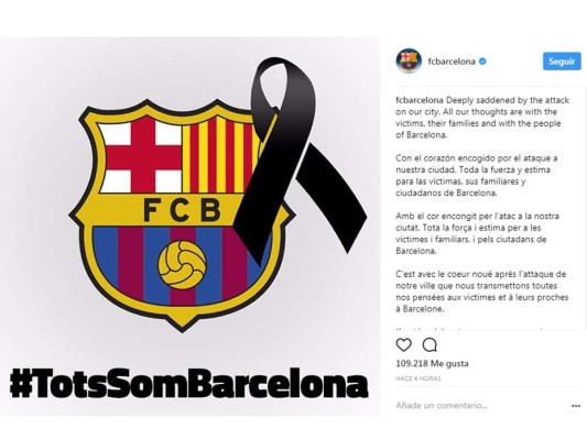 El equipo de la ciudad, Fútbol Club Barcelona, envío sus plegarias para sus hermanos.