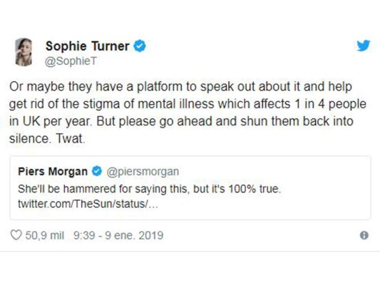 Sophie Turner pelea con Piers Morgan por burlarse de las enfermedades mentales