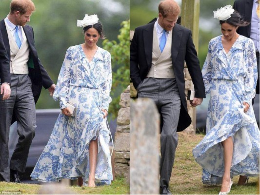 Durante la boda de Celia McCorquodale, (sobrina de Lady Di) y George Woodhouse, la Duquesa usó un vestido coctel de Oscar de la Renta Resort 2019 valorado en $5.490 dólares, una pieza blanca y azul con estampados florales, mangas largas y corte asimétrico. Ella complementó su look con tacones blancos.