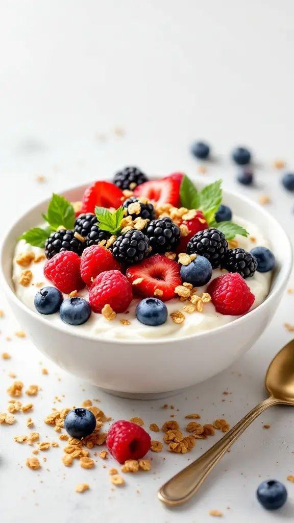 <b>Yogurt griego con fruta y mantequilla de frutos secos. </b>El yogurt griego es una excelente fuente de proteína; la fruta aporta fibra, y la mantequilla de frutos secos cumple un papel clave en el aporte de grasas saludables y en la sensación de saciedad