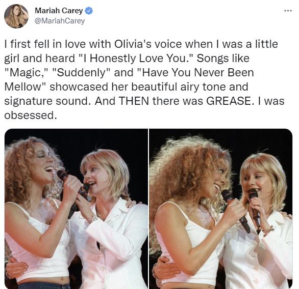 Mariah Carey: “Me enamoré por primera vez de la voz de Olivia cuando era niña y escuché “I Honestly Love You”. Canciones como ‘Magic’, ‘Suddenly’ y ‘Have You Never Been Mellow’ mostraron su hermoso tono aireado y su sonido característico. Y entonces llegó Grease. estaba obsesionado.
