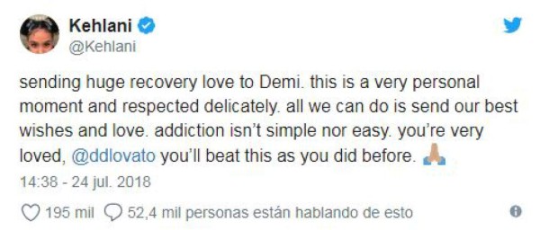 'enviando un gran amor de recuperación a Demi. Este es un momento muy personal y respetado con delicadeza. Todo lo que podemos hacer es enviarnos nuestros mejores deseos y amor. La adicción no es simple ni fácil. Eres muy amado, @ddlovato lo vencerás esto como lo hiciste antes '.