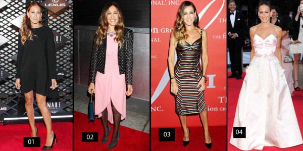 +01 Sarah Jessica Parker en un vestido túnica de Giles, Gianvito Rosi stilettos y joyas por Fred Leighton +02 En un vestido rosa pálido de Giles con chaqueta de cuero y remaches de Saint Laurent, un statement necklace y Manolo Blahnik pumps +03 Parker en un striped L'Wren Scott con aretes y bangles de Fred Leighton y velvet stilettos +04 En un bustier by Prabal Gurung & skirt by Theory's Olivier Theyskens y pendientes de Fred Leighton