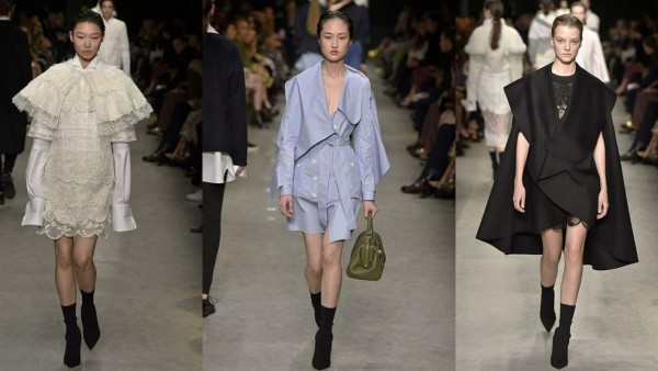 Fueron setenta y nueve looks desfilaron en la pasarela de Burberry. Las modelos llevaban telas blancas, marfil, azul marino y gris. Una chaqueta de color marfil y botas negras abrieron el espectáculo, seguidas de camisas blancas y vestidos de camisa azul, blusas de punto y vestidos de un hombro con abrigos trench.