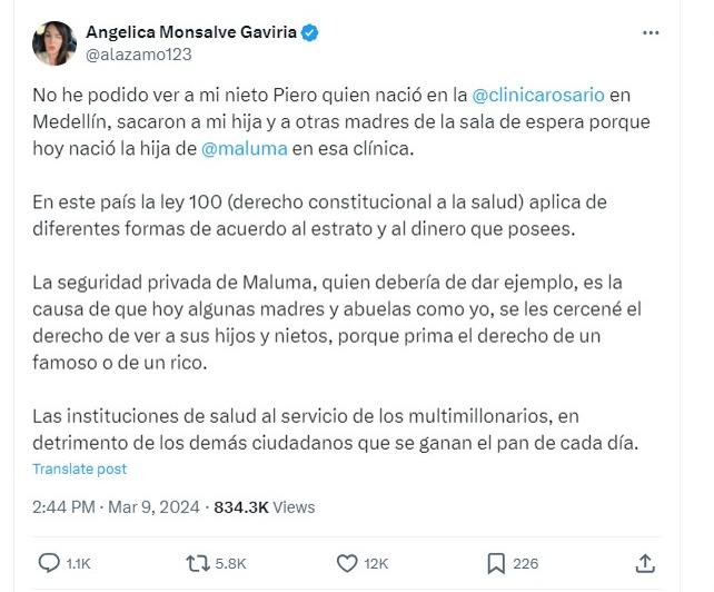 A través de X se divulgó la queja de Angélica Monsalve, en la que afirmó que Maluma había cerrado la clínica en Medellín. De acuerdo a Monsalve, no pudo visitar a su nieto debido al cierre del centro.