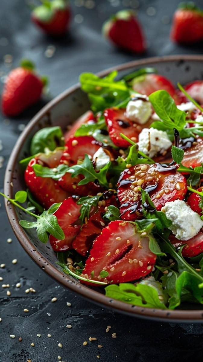 Dale un toque especial a tu almuerzo con esta vibrante ensalada de fresas y queso de cabra. Imagina fresas jugosas y maduradas al sol, combinadas con cremoso y ligeramente ácido queso de cabra desmenuzado sobre una cama de espinacas tiernas y crujientes nueces pecanas caramelizadas. Aderezada con una suave vinagreta balsámica, cada bocado es una refrescante explosión de sabores dulces y salados. 