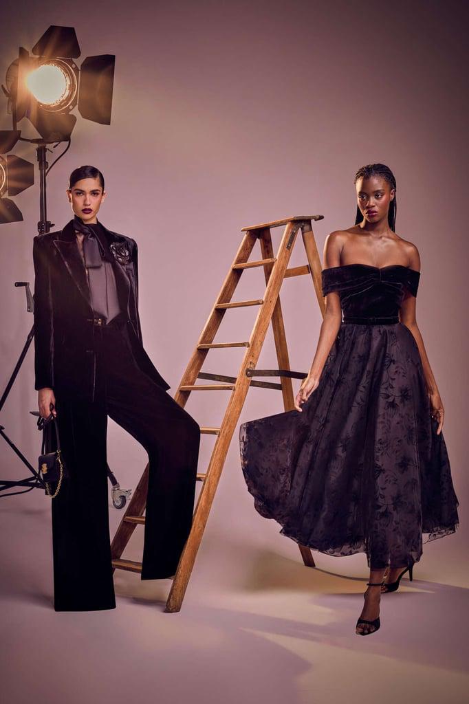 Pantalones negros de cintura alta y pernera ancha,; y vestido de vuelos en color uva 