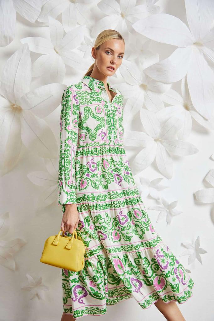 Vestido camisero midi en línea evasé con talle alto en mezcla de seda y algodón con estampado floral Garden de azulejos multicolor. 