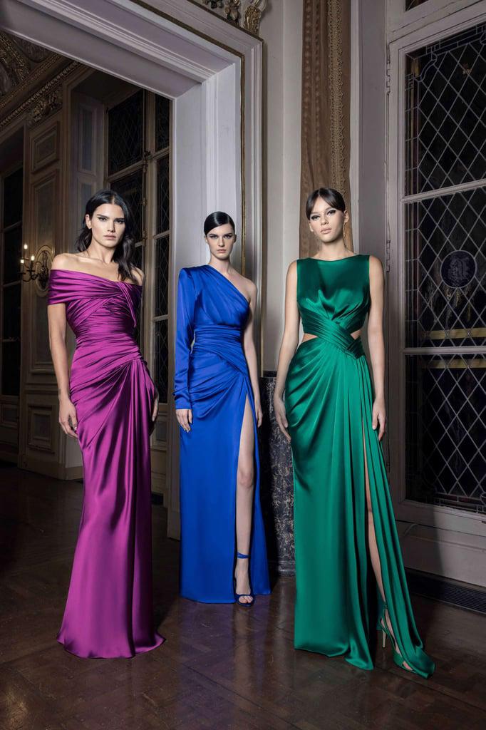 Los vestidos de jersey drapeados sedosos en tonos joya (asimétricos, con hombros descubiertos, estilo reloj de arena