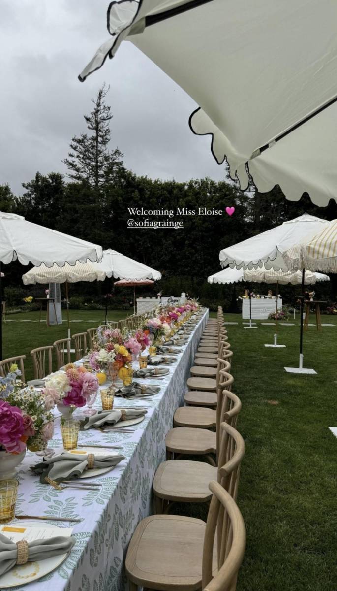 La bienvenida de baby Eloise fue una colorida fiesta de jardín. El ambiente mostraba una mesa larga para recibir a los invitados, decorada con coloridos y delicados arreglos florales.