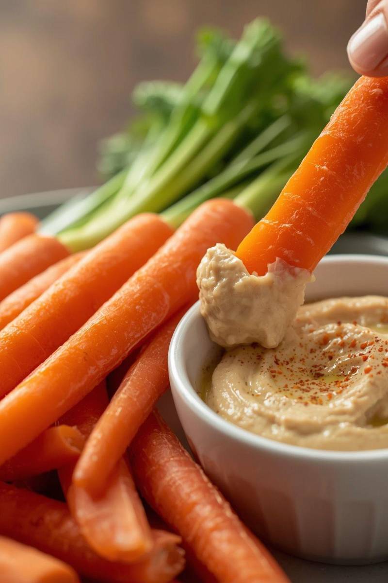<b>Palitos de apio o zanahoria con hummus</b><br />Una excelente forma de incluir verduras en tus snacks. El hummus de garbanzo brinda un aporte balanceado de carbohidratos saludables y proteína vegetal.